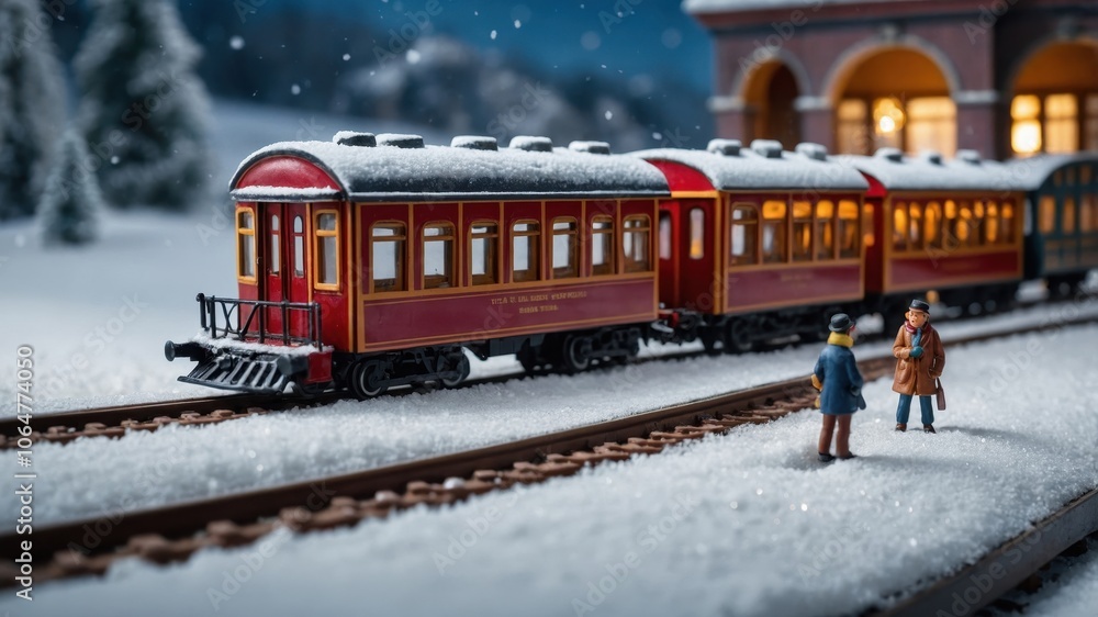 Naklejka premium A cozy Christmas scene shows joyful figurines around a decorated train, surrounded by twinkling lights and festive decor, radiating warmth and holiday spirit