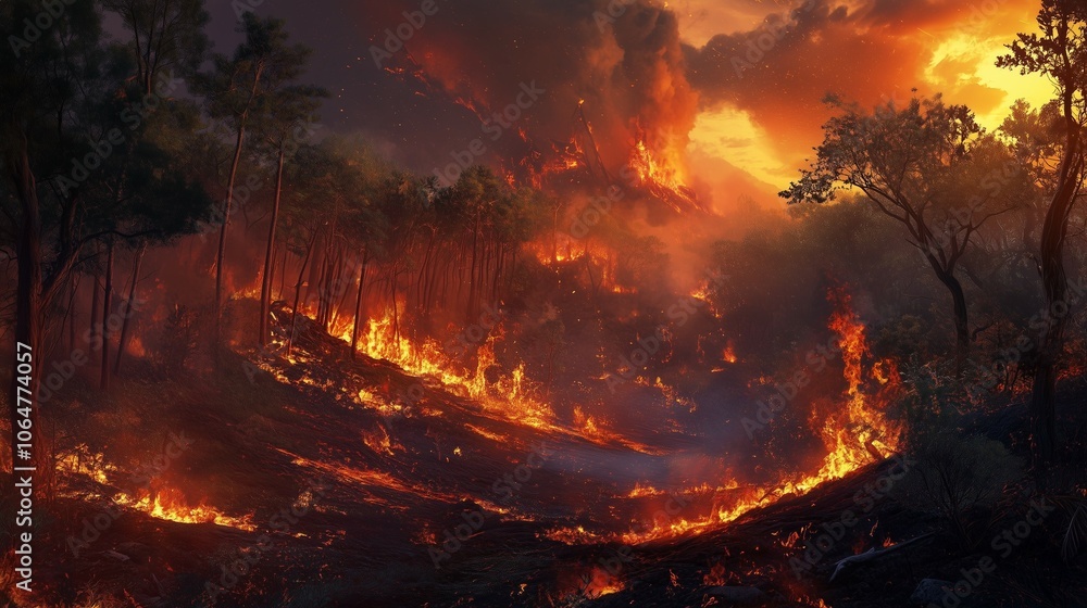 Intense wildfire raging through forest landscape under fiery sky, symbolizing destruction and environmental crisis Intense wildfire raging through forest landscape under fiery sky, symbolizing destruction and environmental crisis