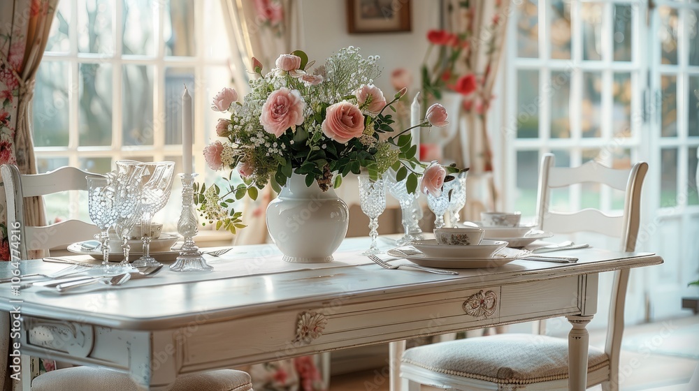 A shabby chic dining room styled with timeless elegance, floral-patterned napkins, and crystal glassware, adding delicate charm. Soft, airy curtains frame the nearby window, and pastel tones. A shabby chic dining room styled with timeless elegance, floral-patterned napkins, and crystal glassware, adding delicate charm. Soft, airy curtains frame the nearby window, and pastel tones.