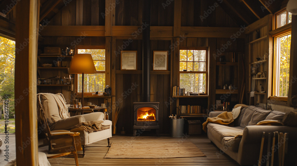 Naklejka premium A cozy barn with a wood-burning stove, perfect for warming up during Thanksgiving festivities.