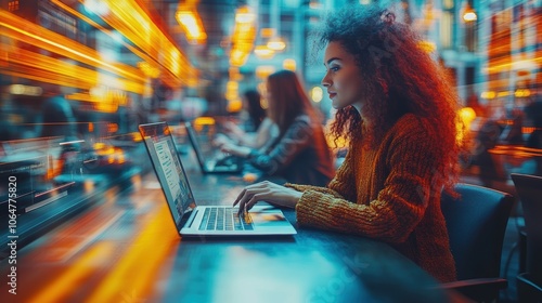 Young Woman Working on Laptop in Vibrant Urban Cafe with Motion Blur and Neon Lights Creating a Dynamic and Energetic Atmosphere
