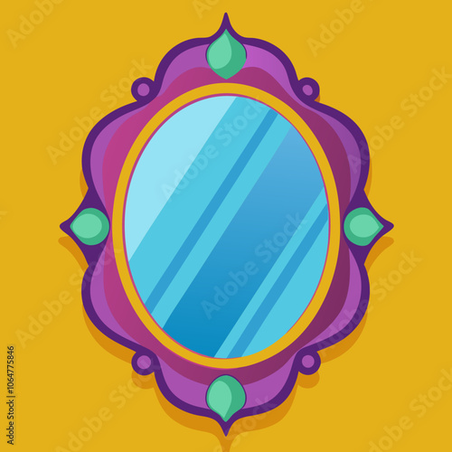 Hand mirror with long shadow in flat style vector illustration. Simple makeup hand mirror for women clipart cartoon style, hand drawn doodle style. Mirror with handle cute vector illustration flat des