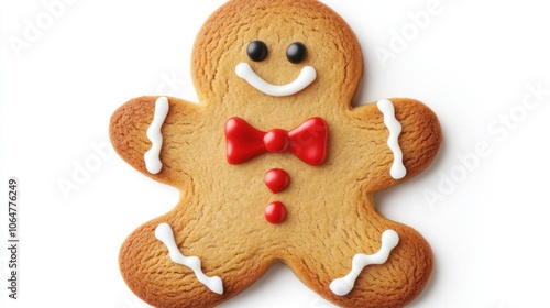 Gingerbread man cookie with icing bow tie and cheerful expression, isolated on a clean white background