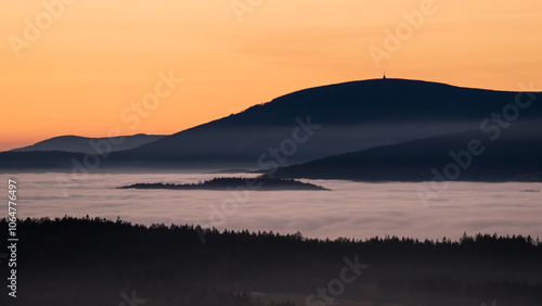 Sunset in the Teplice-Adršpašské rocks. View of the Krkonoše Mountains from the Teplice-Adršpašské rocks.