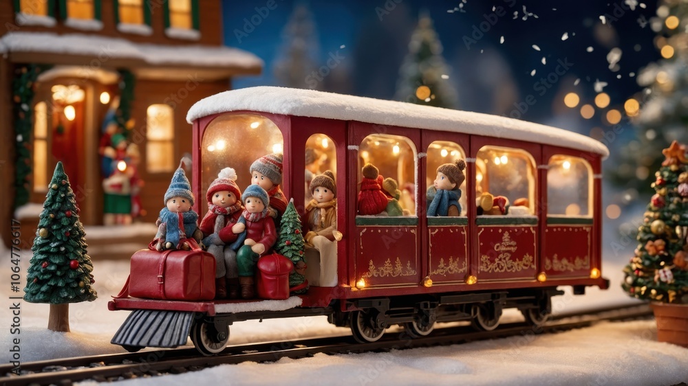 A festive Christmas display with figurines standing near a decorated train, sparkling with lights and holiday decorations, capturing warmth and seasonal joy A festive Christmas display with figurines standing near a decorated train, sparkling with lights and holiday decorations, capturing warmth and seasonal joy
