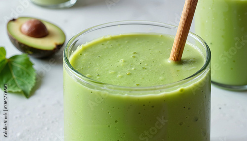 Creamy avocado smoothie with straw on white background