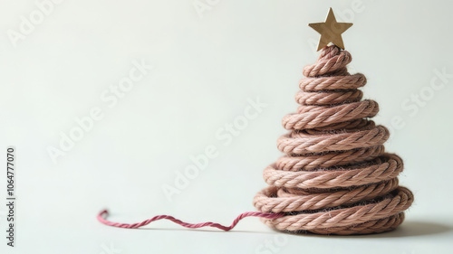 Christmas tree made of threads, decorated with a golden star, on a light background. Needlework, handmade