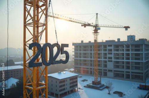 At a construction site, a construction crane holds gray numbers 2025 on cables, winter