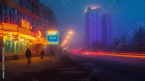 Medieval City Meets Modern Neon Lights in Fog