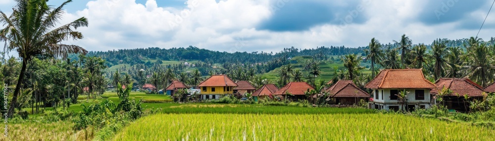 Lush green rice fields with traditional houses under a cloudy sky. Lush green rice fields with traditional houses under a cloudy sky.