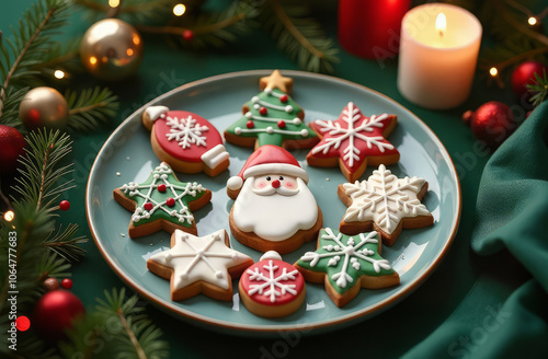 On the table with a green tablecloth there is a plate with cookies in the shape of Santa Claus, snowflakes, a Christmas tree, Christmas tree decorations, around there are fir branches, Christmas balls