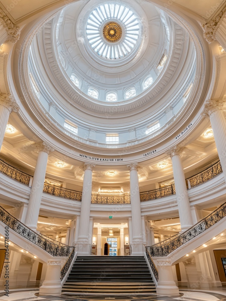 Obraz premium A grand staircase leads to a domed ceiling with intricate designs and natural light.