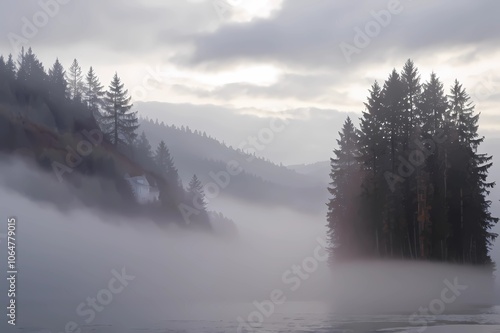 A  sunlight foggy scene with nature in the background