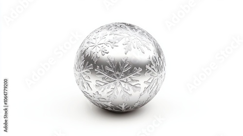 Glossy silver Christmas ball with embossed snowflake patterns, isolated on a clean white background