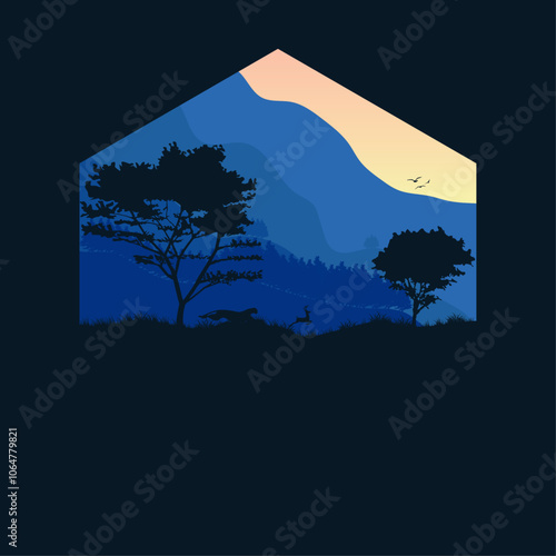 vector landscape illustration of a leopard chasing a deer on a sunny afternoon
