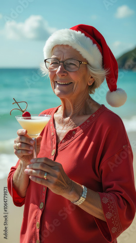 An elderly woman in glasses, red clothes and a Santa Claus hat drinks a cocktail on the beach with the sea in the background