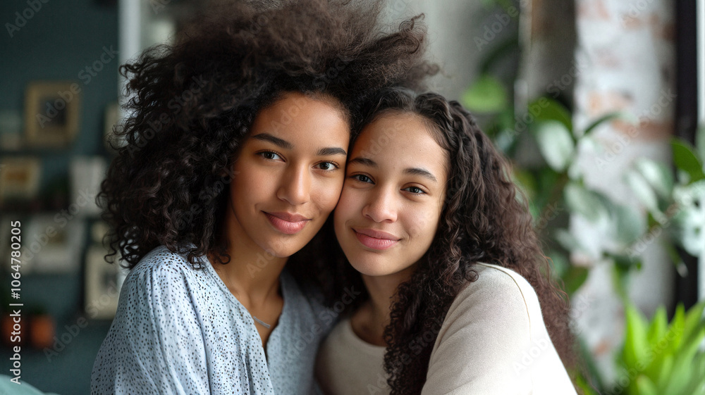 Two sisters or close friends with natural curly hair, smiling and leaning towards each other indoors, with a cozy, plant-filled background Two sisters or close friends with natural curly hair, smiling and leaning towards each other indoors, with a cozy, plant-filled background