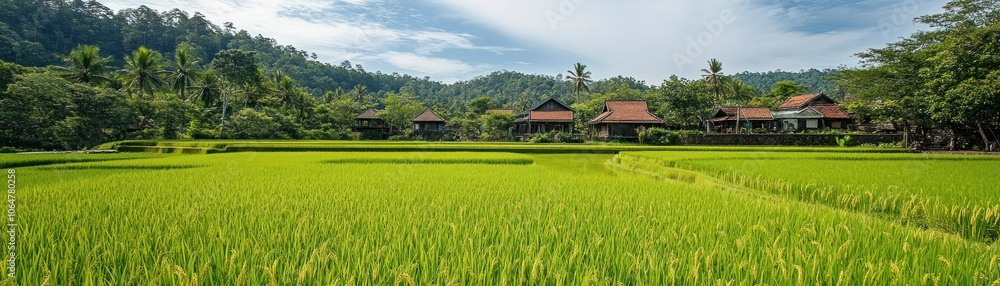 Lush green rice fields with traditional architecture nestled in a mountainous landscape. Lush green rice fields with traditional architecture nestled in a mountainous landscape.