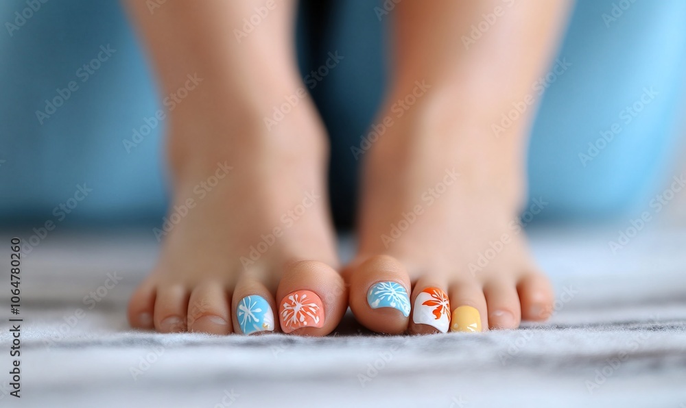 Closeup of female feet with colorful nail polish. Closeup of female feet with colorful nail polish.