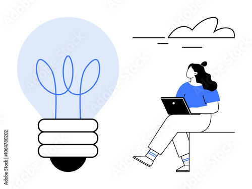 Woman sitting on edge with laptop, large light bulb symbolizing ideas, and overhead cloud. Ideal for innovation, technology, brainstorming, creativity, remote work, inspiration, minimalism. Line