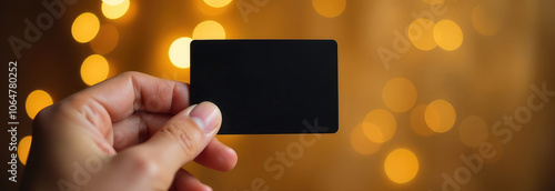 Concept of shopping, sales. Dark-skinned hand holds black credit card on blurred festive background with golden bocce.