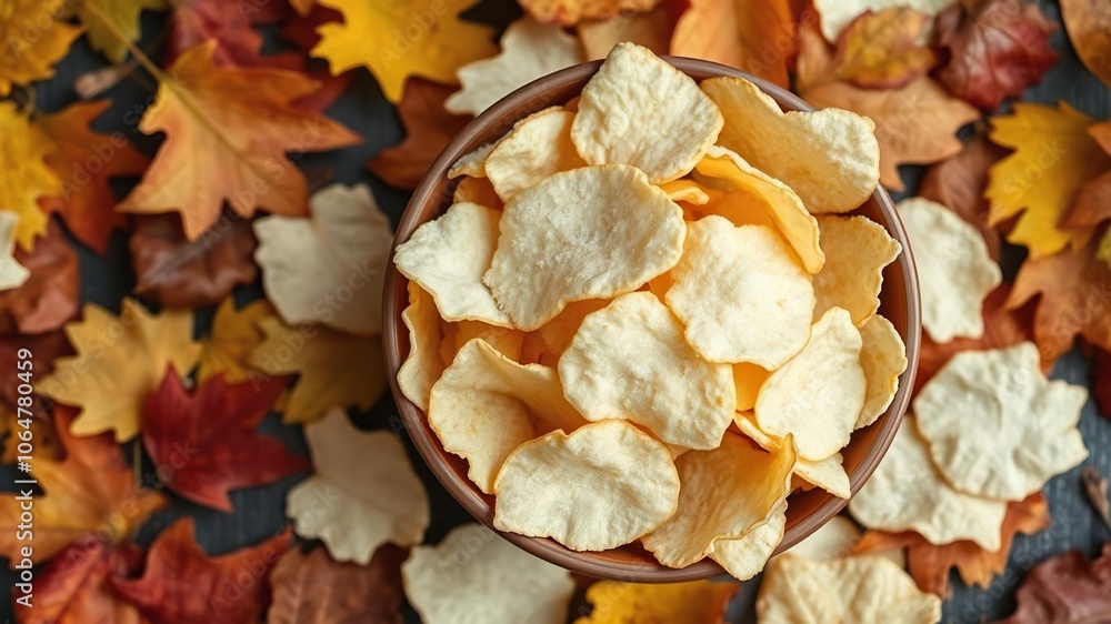 A bowl of white poplar salted chips surrounded by autumn leaves, cozy atmosphere, rustling leaves, autumn leaves A bowl of white poplar salted chips surrounded by autumn leaves, cozy atmosphere, rustling leaves, autumn leaves