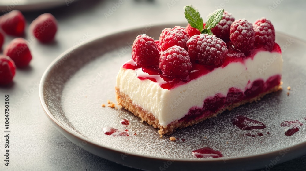A creamy raspberry cheesecake is presented on a dark plate, topped with vibrant raspberries and a drizzle of fruit sauce, accompanied by fresh mint leaves for decoration A creamy raspberry cheesecake is presented on a dark plate, topped with vibrant raspberries and a drizzle of fruit sauce, accompanied by fresh mint leaves for decoration