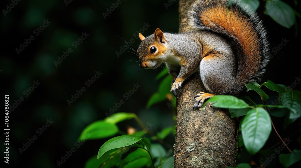 A squirrel standing on a tree branch surrounded by green leaves. The squirrel has a bushy tail and is attentively looking forward against a blurred forest background. A squirrel standing on a tree branch surrounded by green leaves. The squirrel has a bushy tail and is attentively looking forward against a blurred forest background.