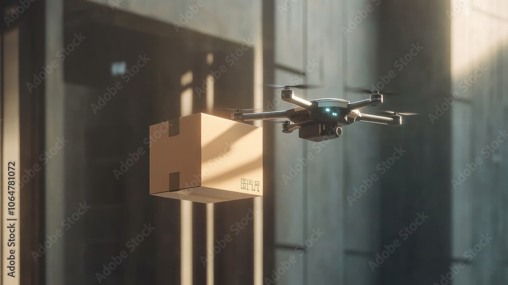 Drone carrying a brown box, gliding smoothly in a modern warehouse setting, representing efficient robotic delivery systems Drone carrying a brown box, gliding smoothly in a modern warehouse setting, representing efficient robotic delivery systems