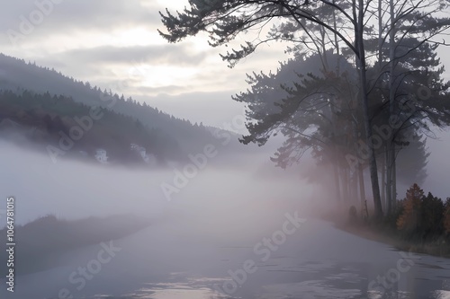 A  sunlight foggy scene with nature in the background
