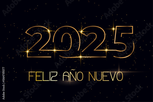 tarjeta o pancarta para desear un feliz año nuevo 2025 en oro con estrellas sobre fondo negro