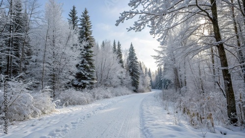 A serene forest path covered in a thick layer of fresh snow, with trees standing tall and silent in the background, snow-covered trees, winter scenery, cold weather, frozen forest, frozen lake