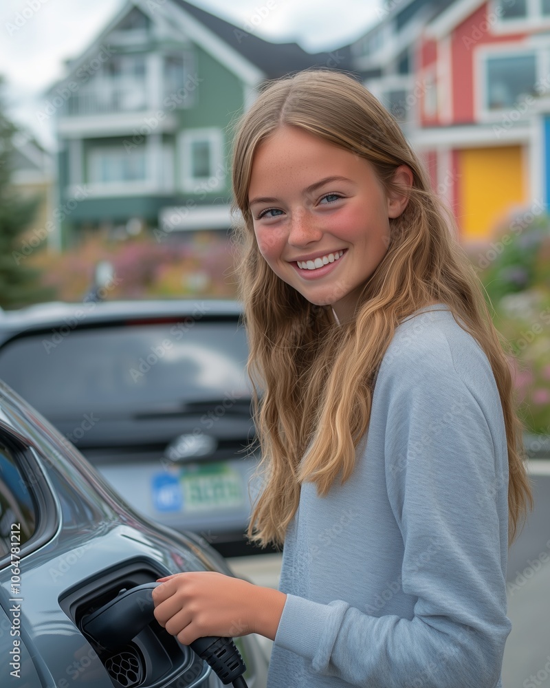 Fototapeta premium Young woman smiling while charging electric car at residential area with colorful houses and greenery in the background