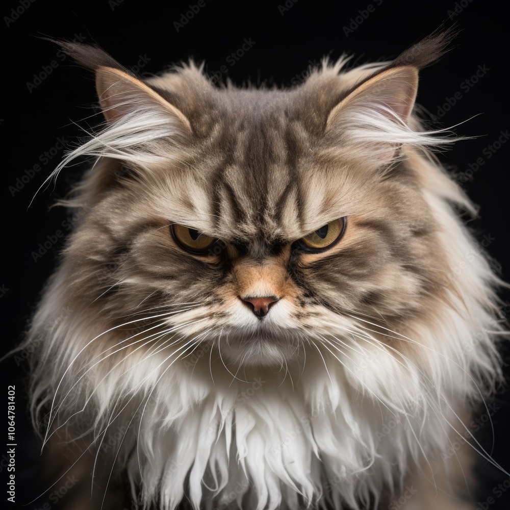 Angry cat with flattened ears and a fierce glare against a vibrant abstract background Angry cat with flattened ears and a fierce glare against a vibrant abstract background