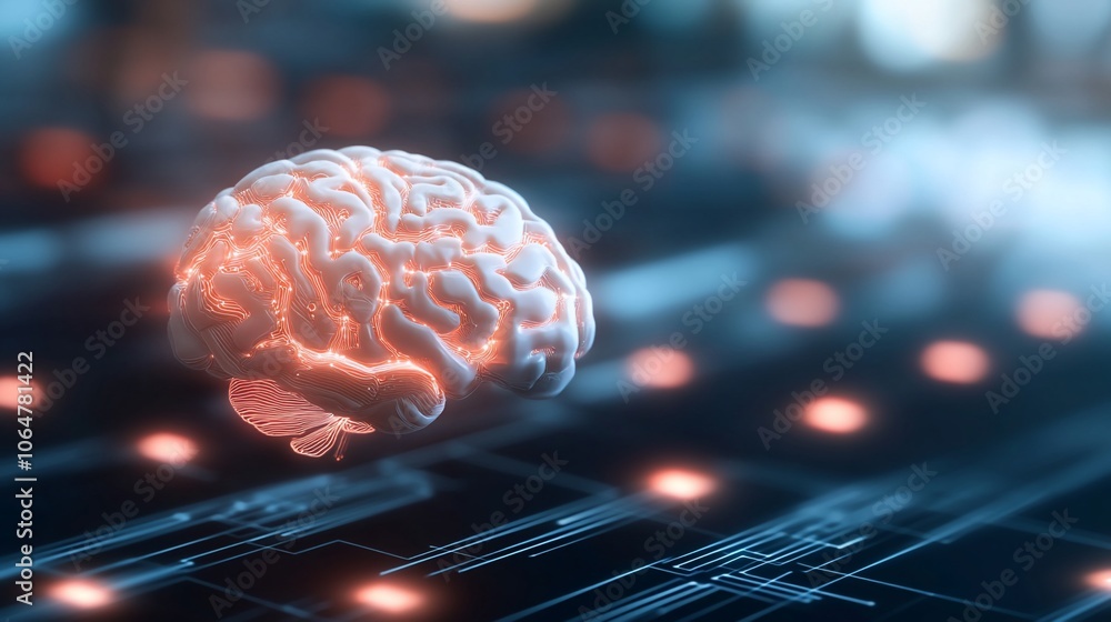Glowing human brain on a circuit board, representing artificial intelligence and technology. Glowing human brain on a circuit board, representing artificial intelligence and technology.