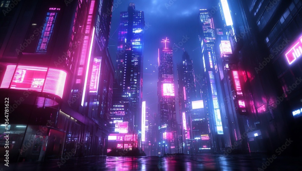 Futuristic cyberpunk city street at night with neon lights. Futuristic cyberpunk city street at night with neon lights.