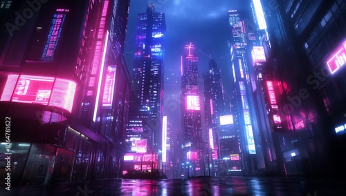 Futuristic cyberpunk city street at night with neon lights.