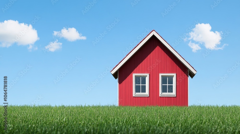 A vibrant red house stands alone on a green field under a clear blue sky with fluffy white clouds. A vibrant red house stands alone on a green field under a clear blue sky with fluffy white clouds.
