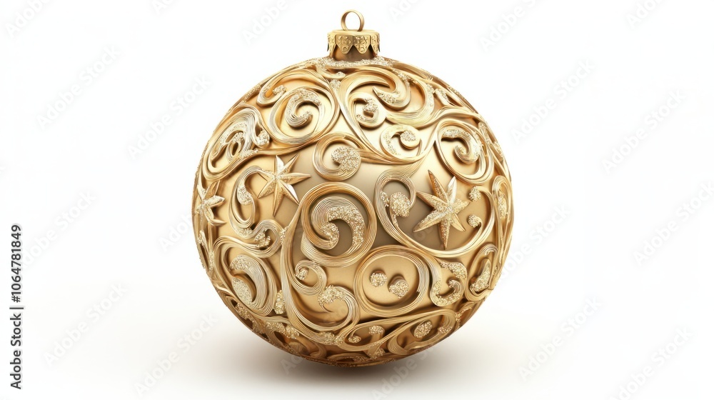 Matte gold Christmas ball with intricate swirls and stars, isolated on white for a refined look Matte gold Christmas ball with intricate swirls and stars, isolated on white for a refined look