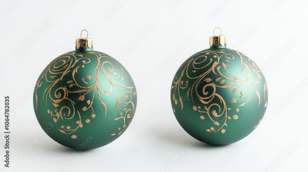Matte green Christmas ball with subtle golden designs, creating a classic look on a white background Matte green Christmas ball with subtle golden designs, creating a classic look on a white background