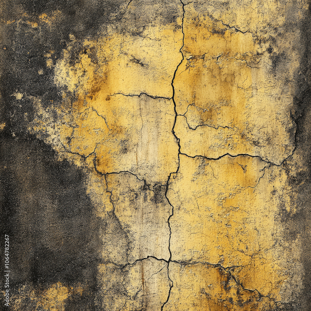 Obraz premium Cracked yellow and black concrete texture with weathered appearance, showcasing intricate patterns and rustic feel. This abstract design adds depth and character to any project
