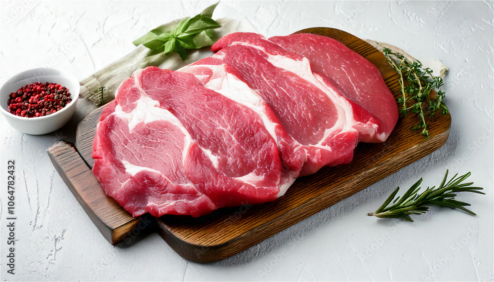 Fresh raw pork neck meat, on white stone table background Fresh raw pork neck meat, on white stone table background