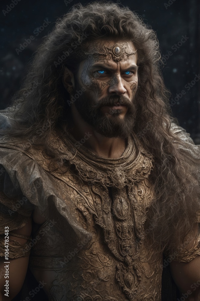 Imposing warrior clad in ornate armor stands resolutely in a mystical landscape. Generative AI Imposing warrior clad in ornate armor stands resolutely in a mystical landscape. Generative AI