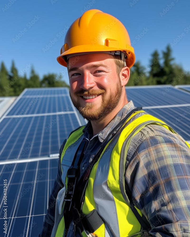 Smiling engineer wearing a yellow hard hat and reflective vest standing near solar panels on a sunny day at a solar farm Smiling engineer wearing a yellow hard hat and reflective vest standing near solar panels on a sunny day at a solar farm