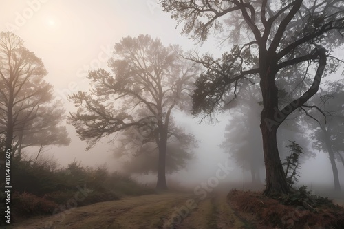 A  sunlight foggy scene with nature in the background