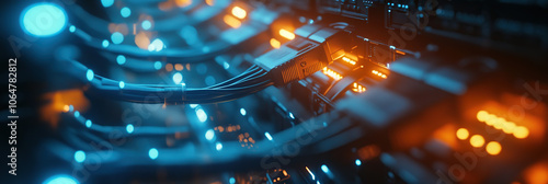 High-Tech Server Rack with Ethernet Cables and Glowing Indicators