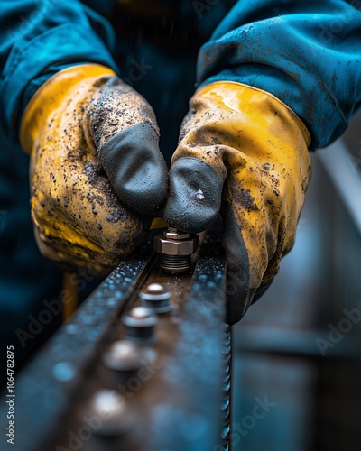 Close-up of a worker wearing protective gloves, tightening a bolt on an industrial machine with precision and care under rain