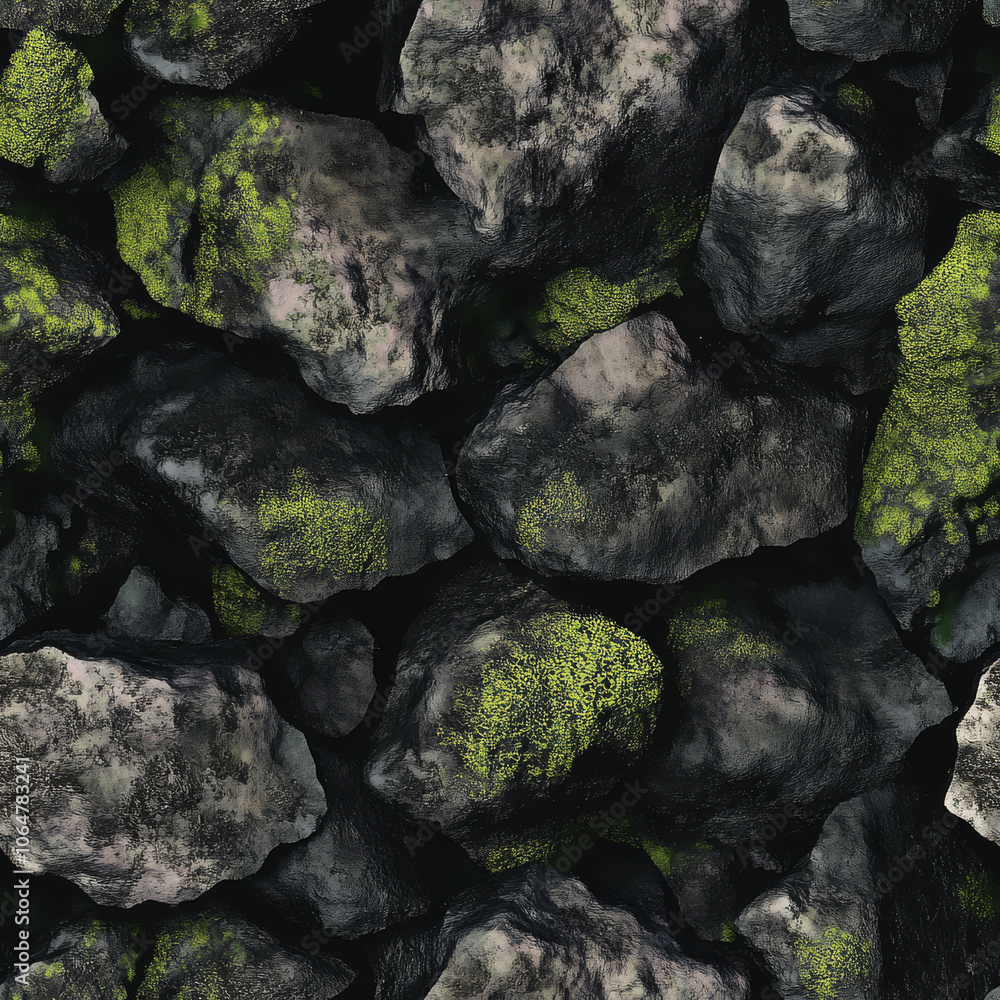 Mossy rocks create textured surface in rainy forest, showcasing beauty of natures elements. dark stones are adorned with vibrant green moss, evoking sense of tranquility and connection to outdoors Mossy rocks create textured surface in rainy forest, showcasing beauty of natures elements. dark stones are adorned with vibrant green moss, evoking sense of tranquility and connection to outdoors