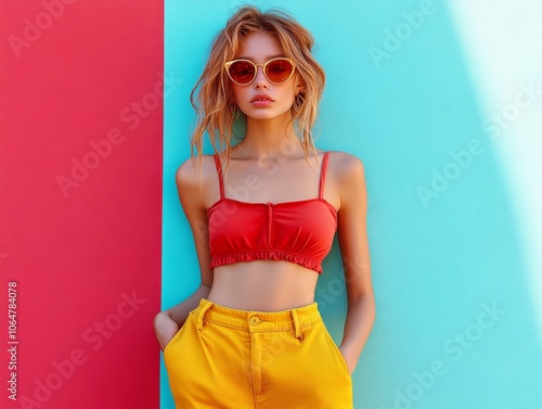 Woman in a red crop top and yellow pants with sunglasses poses against a split red and turquoise wall, showcasing bold color contrasts and a trendy, modern style.