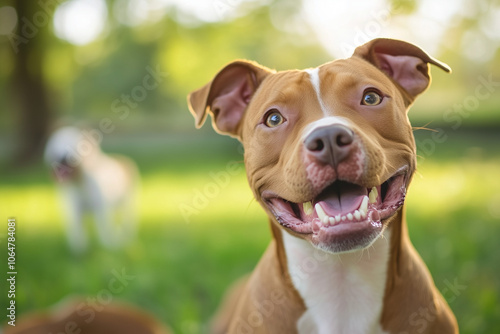 Happy pitbull playing with another dog at a dog park